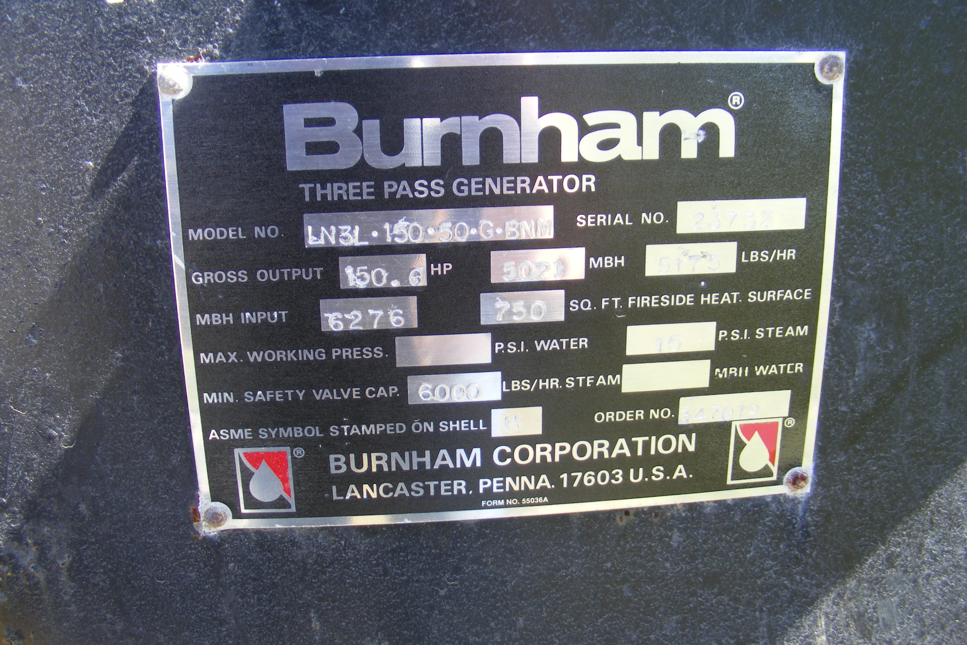 Steam Boiler Burnham LN3L-150-50-G-BNM - IPP# 212959
