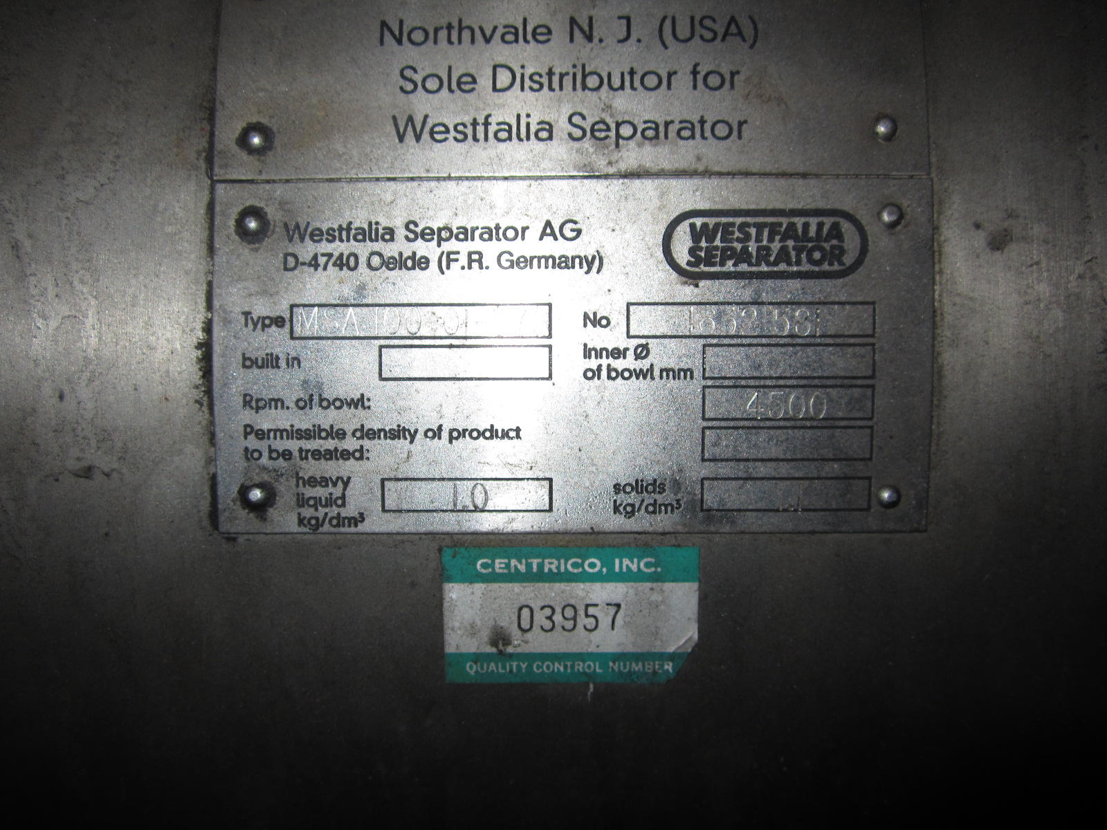   Centrifuge-Disc Bowl 30 kW (40.2 HP) Stainless Steel 316 For Sale - IPP# 220187