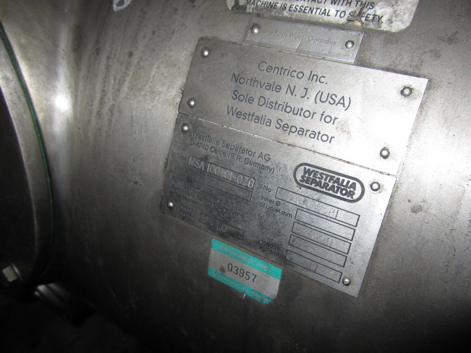   Centrifuge-Disc Bowl 30 kW (40.2 HP) Stainless Steel 316 For Sale - IPP# 220187