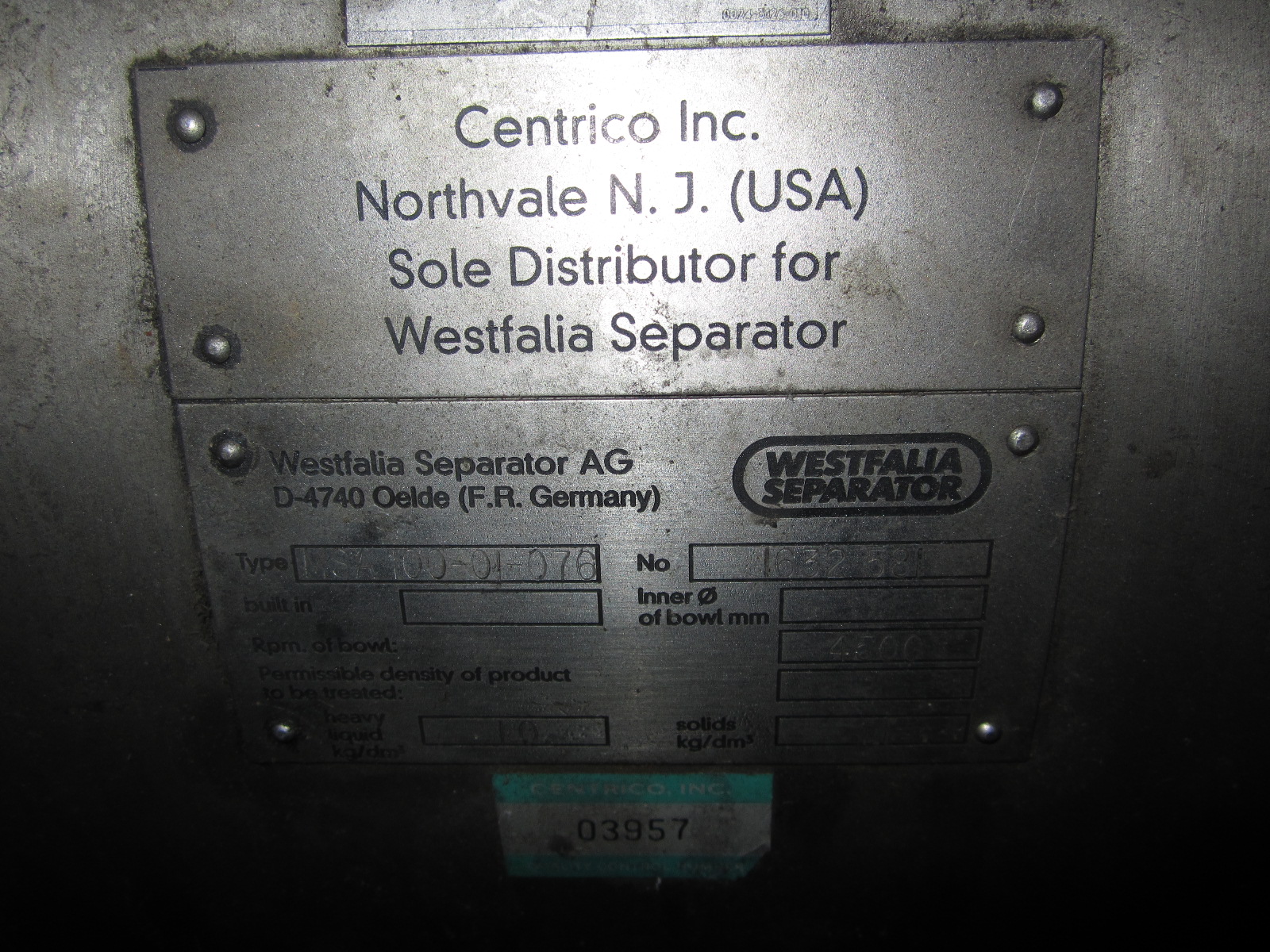   Centrifuge-Disc Bowl 30 kW (40.2 HP) Stainless Steel 316 For Sale - IPP# 220187