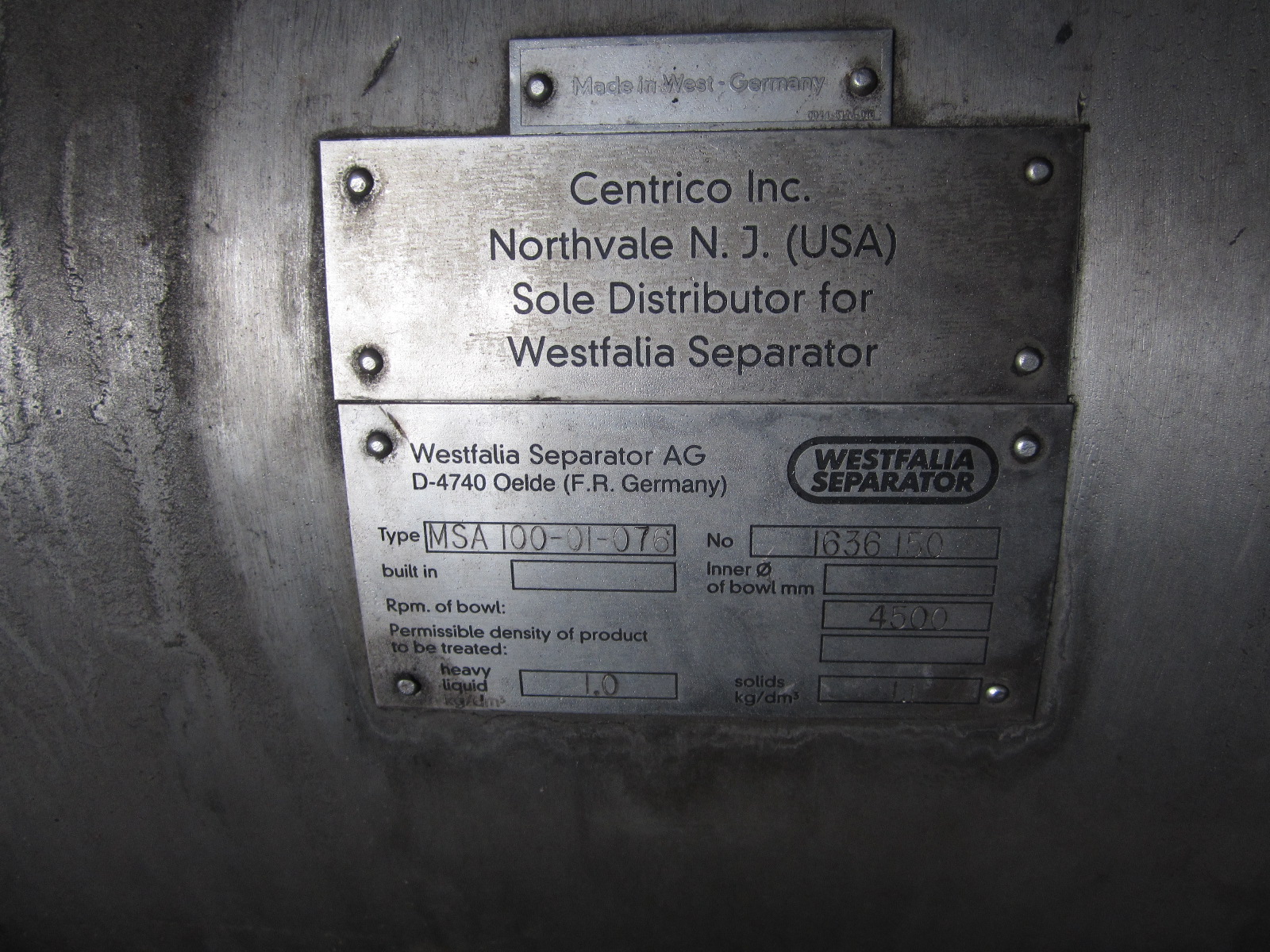 Stainless Steel 316 Westfalia MSA100-01-076 Centrifuge-Disc Bowl - IPP# 220188