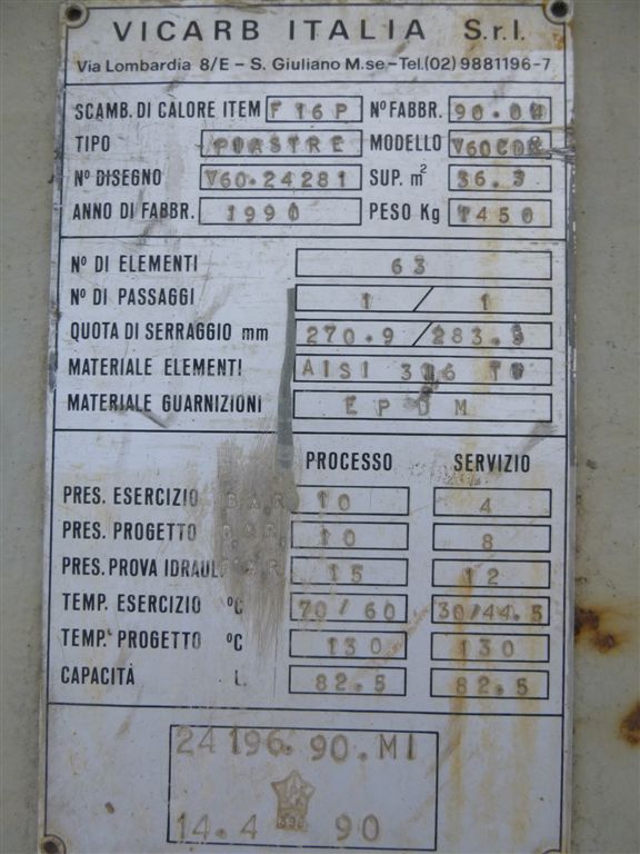  Plate and Frame Heat Exchanger 36.3 m² (390.7 ft²) Stainless Steel 316 For Sale - IPP# 221170