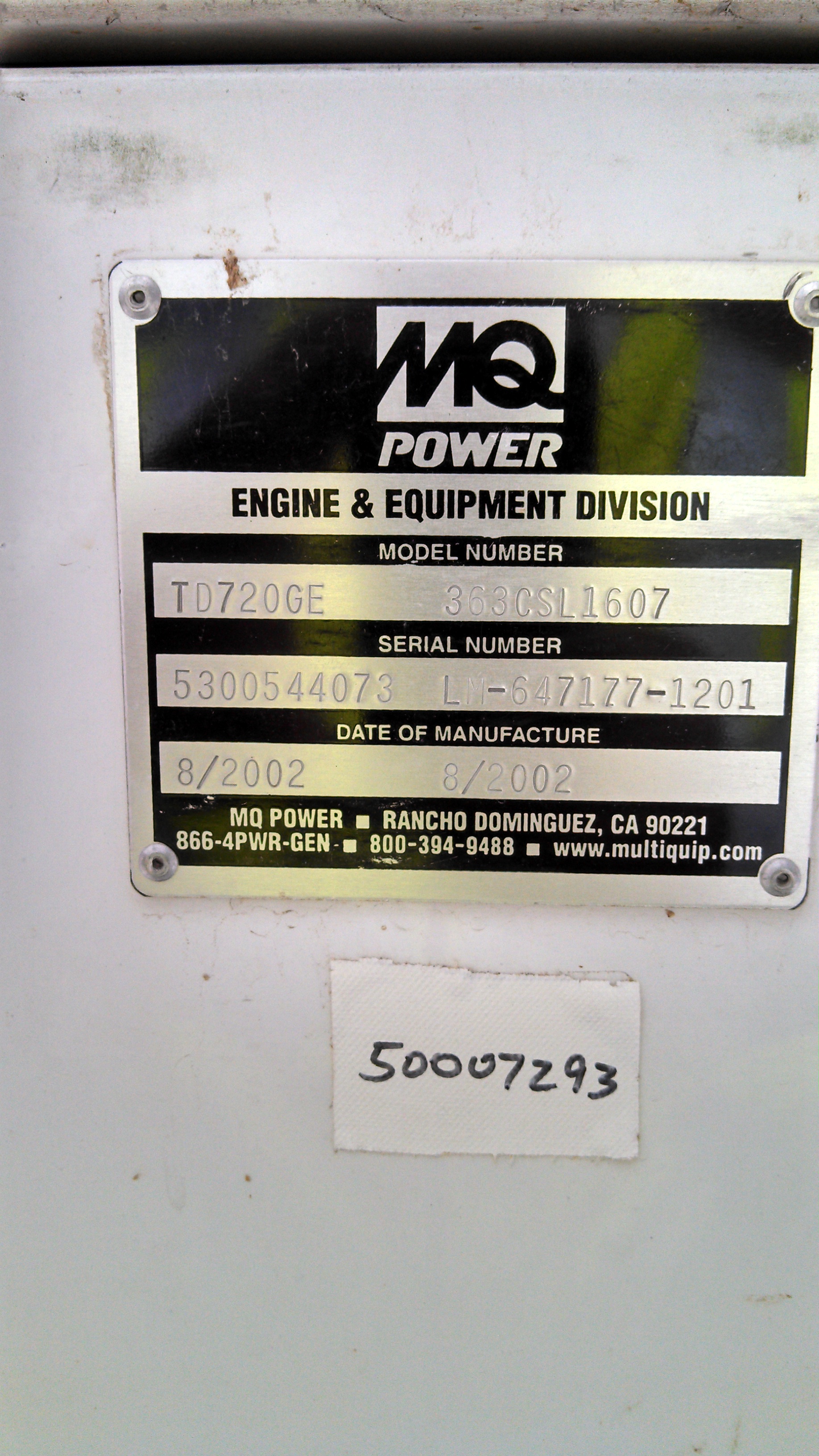 Carbon Steel MQ Power Systems TD720GE- 363CSL1607 Power Generator - IPP# 221286