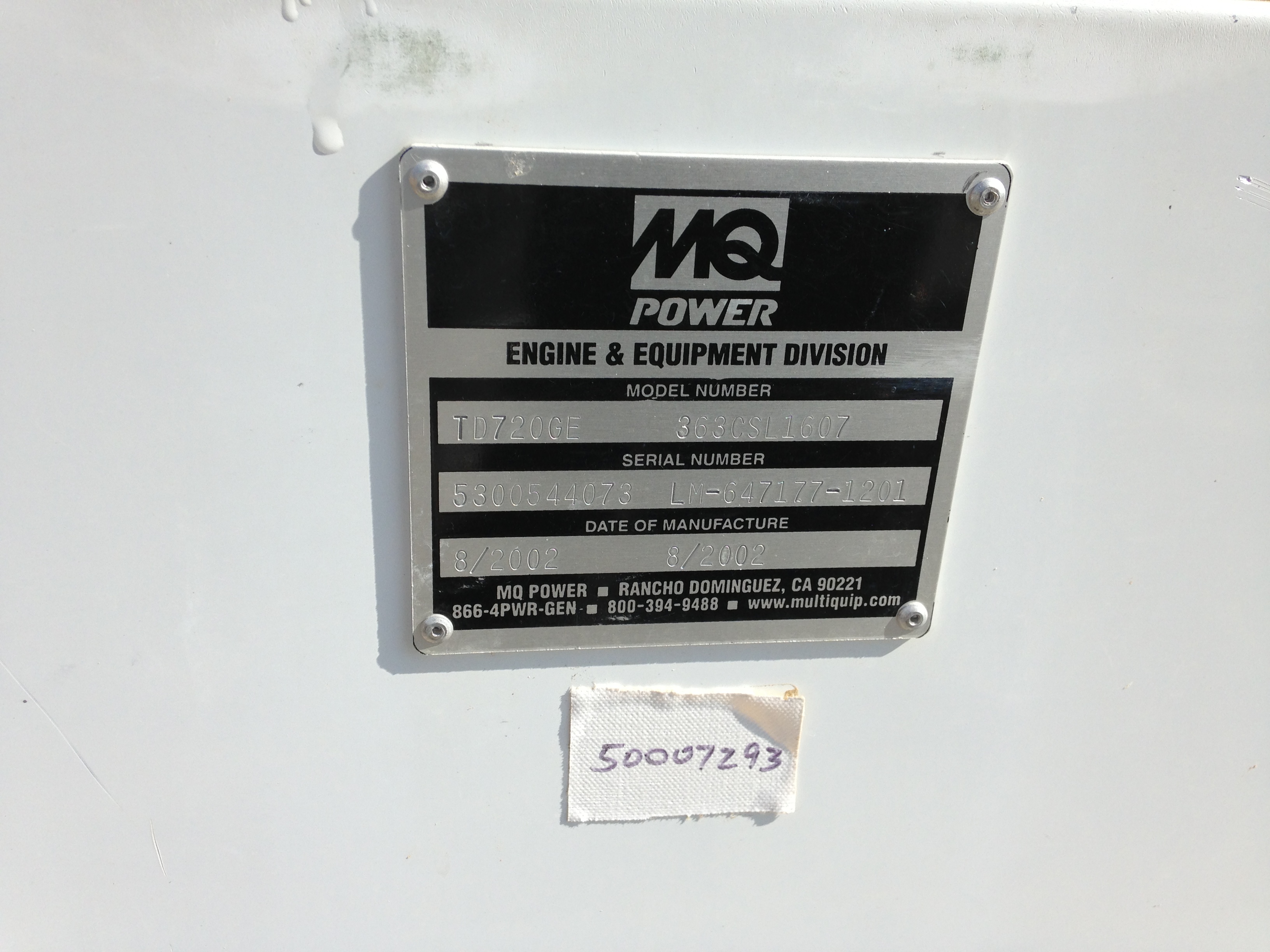 Carbon Steel MQ Power Systems TD720GE- 363CSL1607 Power Generator - IPP# 221286